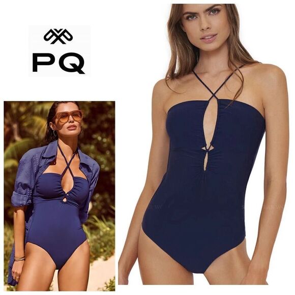 New. Pilyq navy plunge one piece. Small retails $154 - Picture 1 of 11